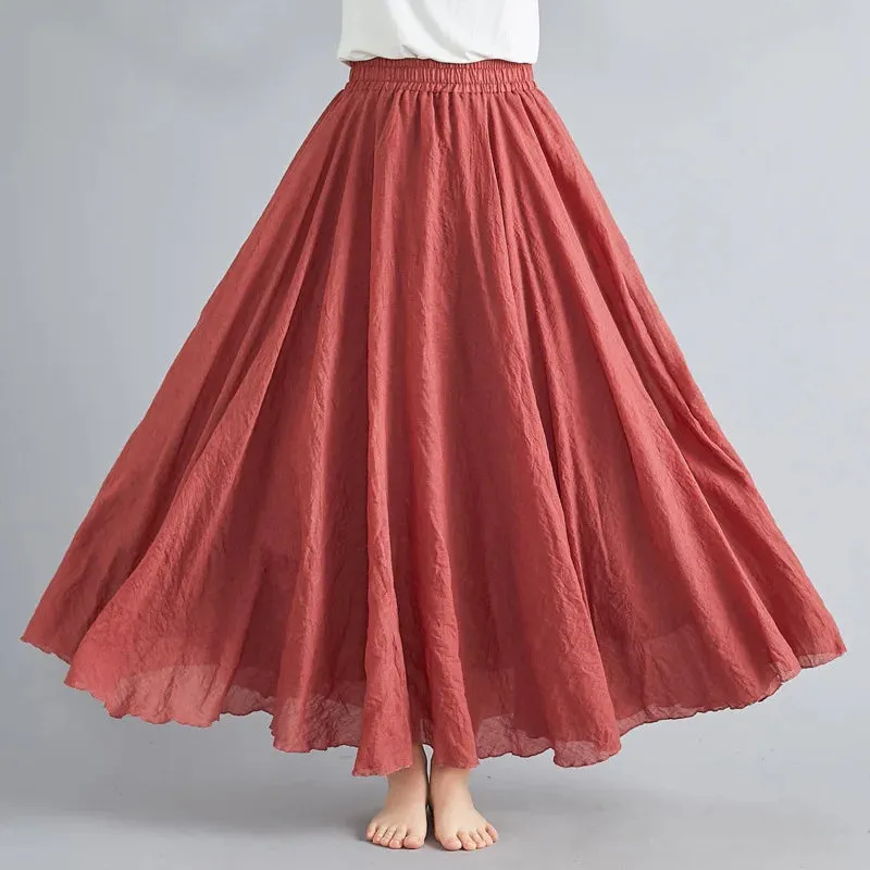 28-Color Literary Cotton Linen skirt Elastic Waist A-line Skirt Solid Color Timeless, Classic Style Women Long Skirts