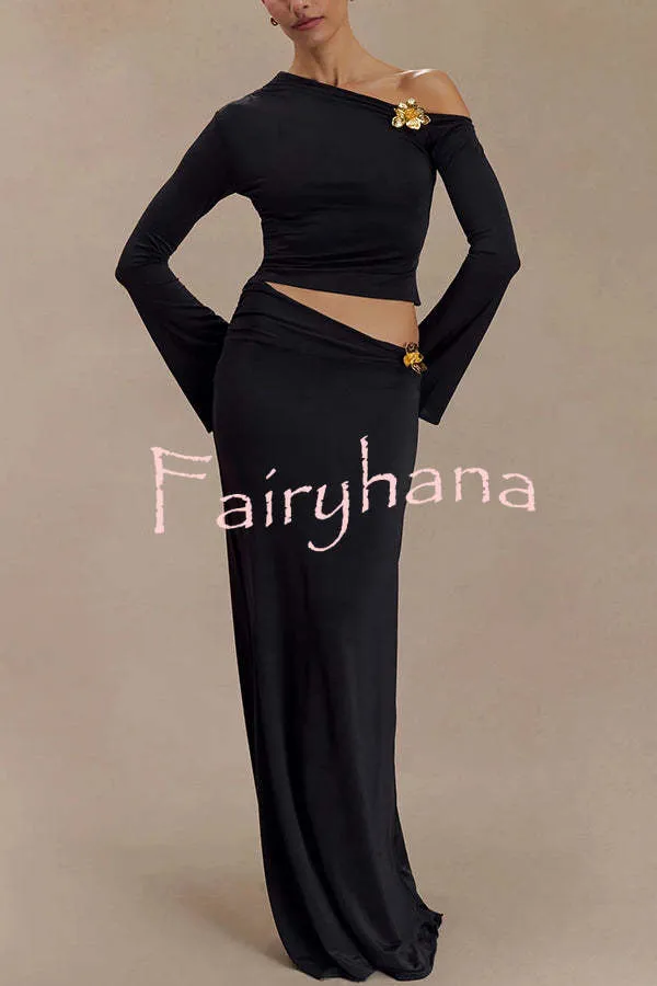 Ainsley Floral Hardware Asymmetrical Long Sleeve Stretch Top and Mid Rise Maxi Skirt Set