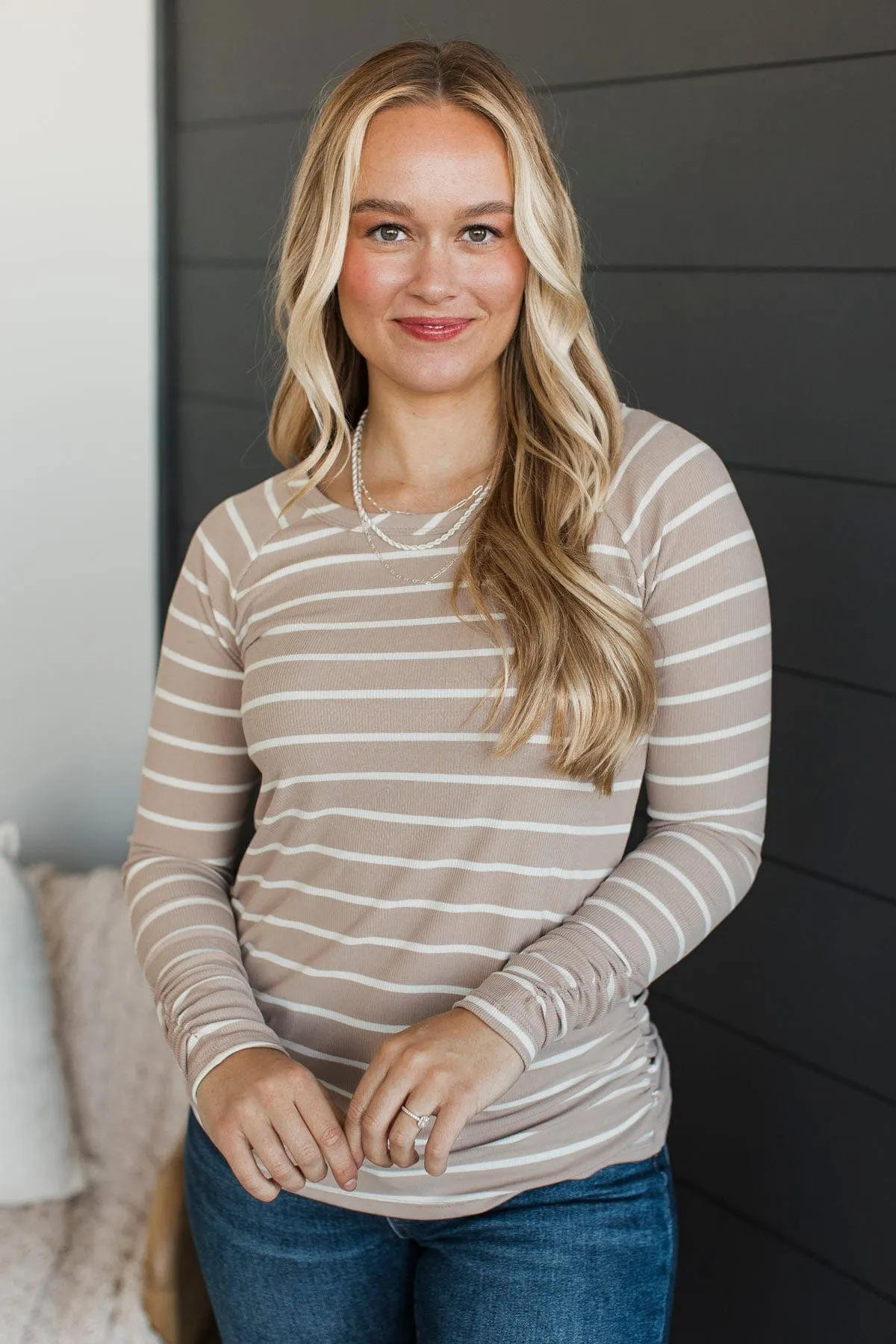 All That Really Matters Ruched Top- Birch & Off-White