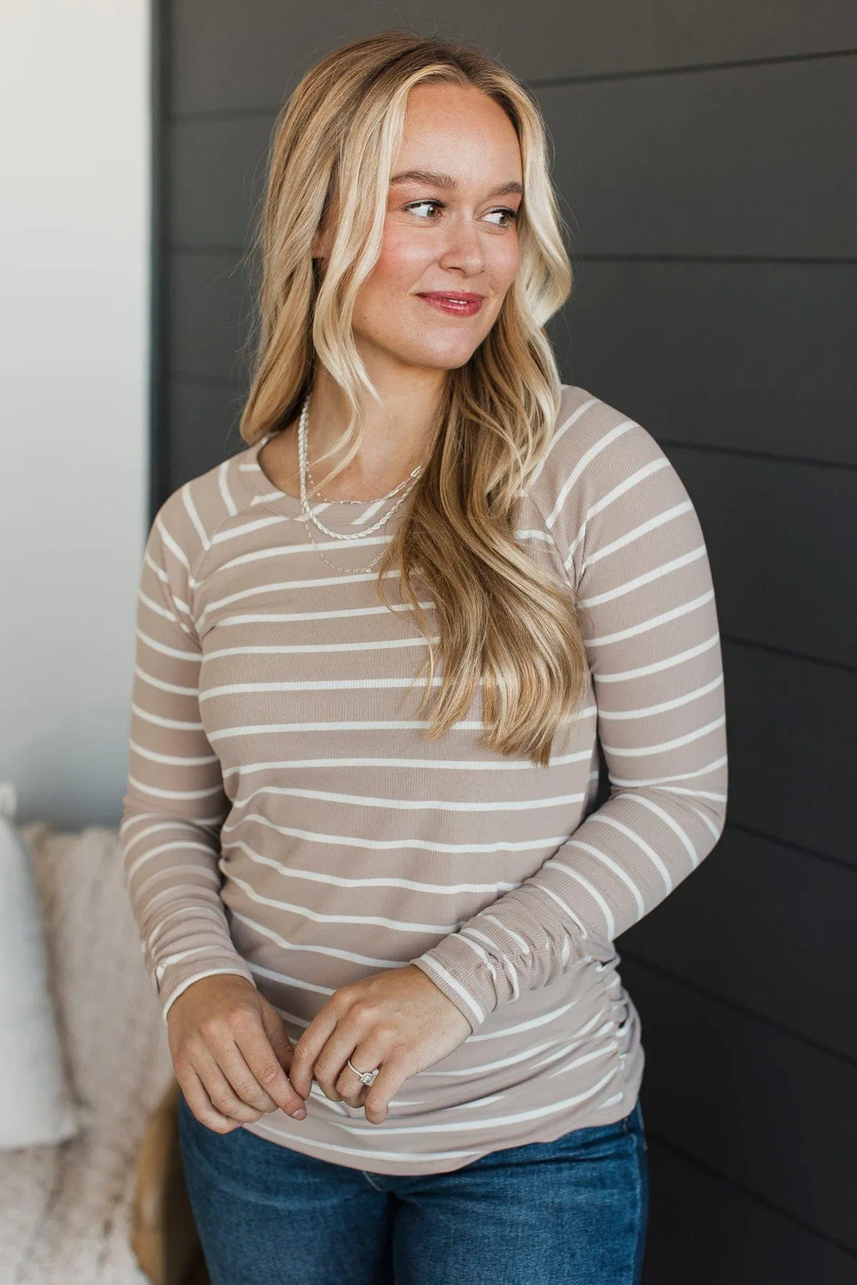 All That Really Matters Ruched Top- Birch & Off-White