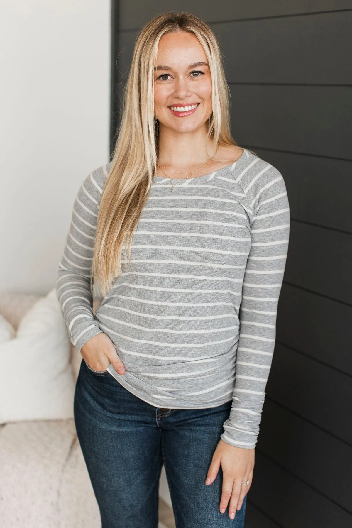 All That Really Matters Ruched Top- Heather Grey & Off-White