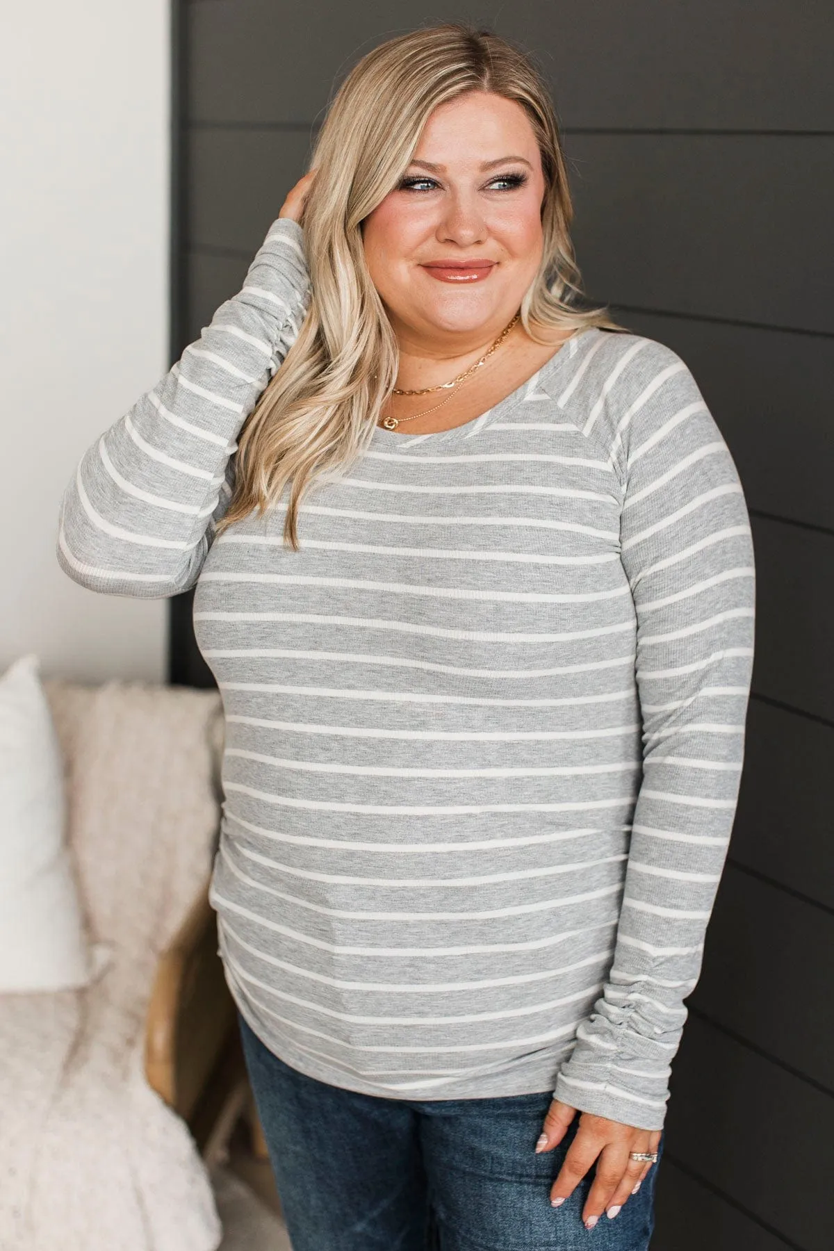 All That Really Matters Ruched Top- Heather Grey & Off-White