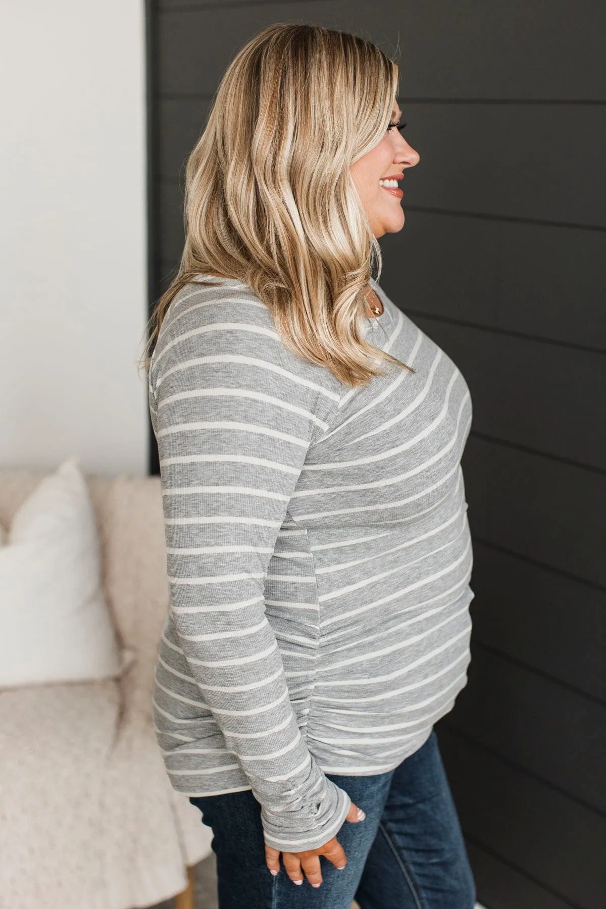 All That Really Matters Ruched Top- Heather Grey & Off-White