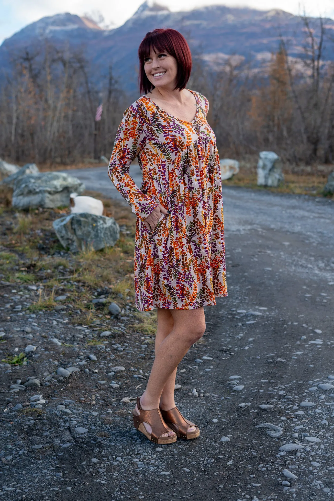 All The Pretty Flowers Knee Length Dress in Taupe Rust
