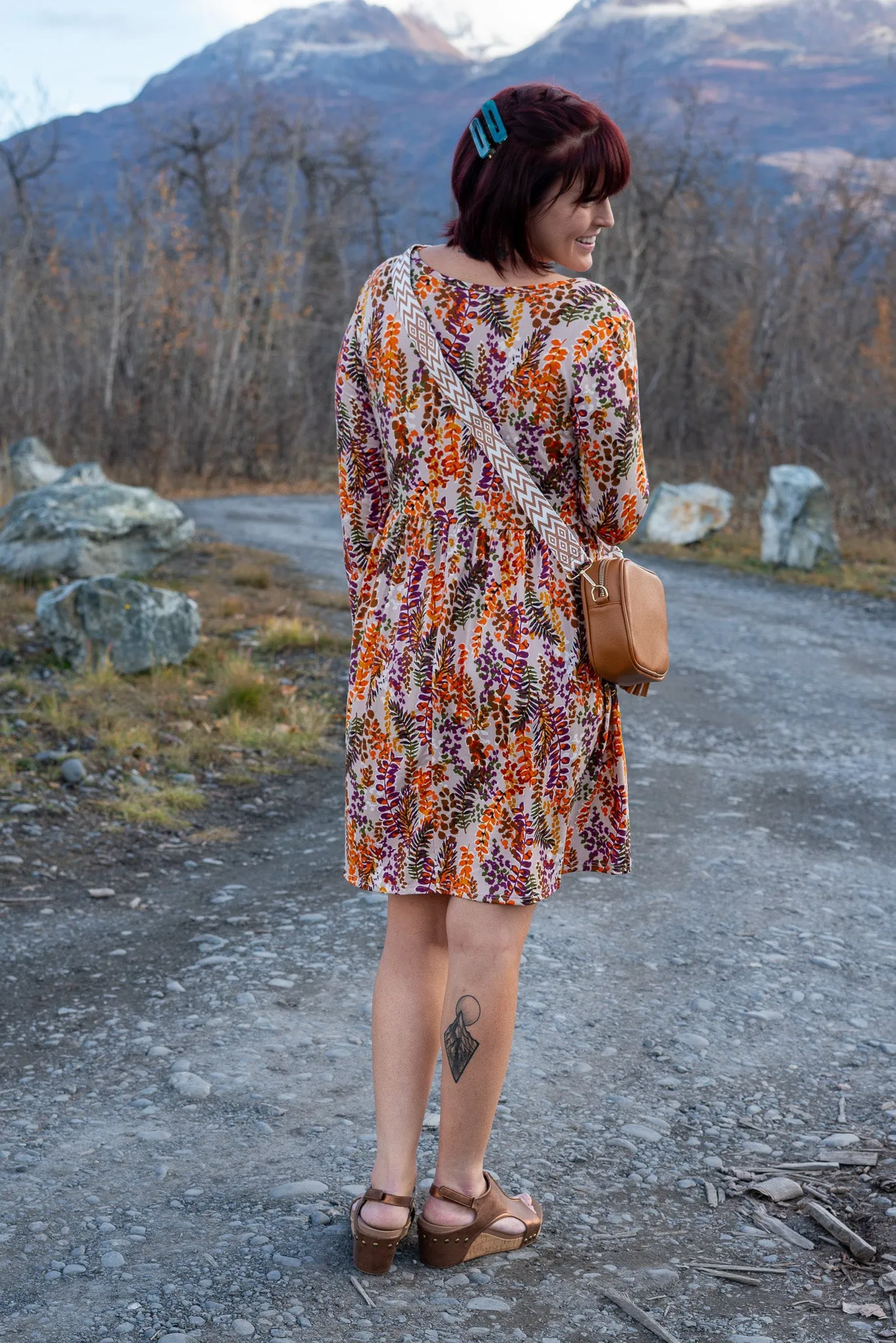 All The Pretty Flowers Knee Length Dress in Taupe Rust