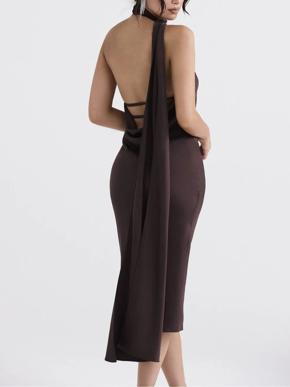 Angelina Chocolate Wrap Neck Midi Dress