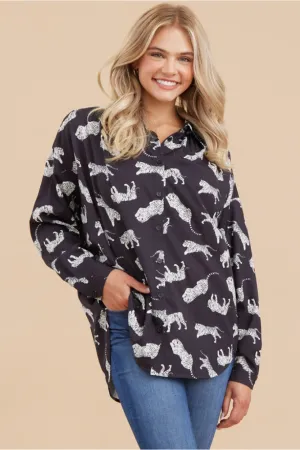 Animal Print Top W/Collard Neck