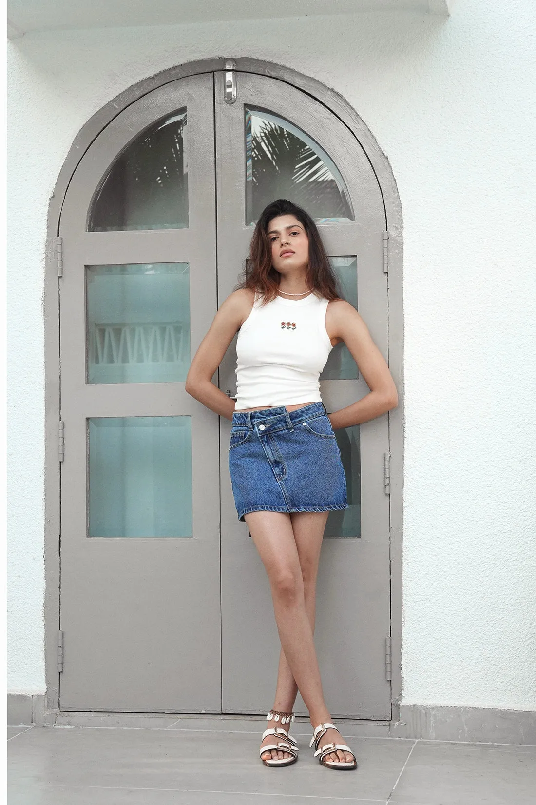 Asymmetric Denim Mini Skirt