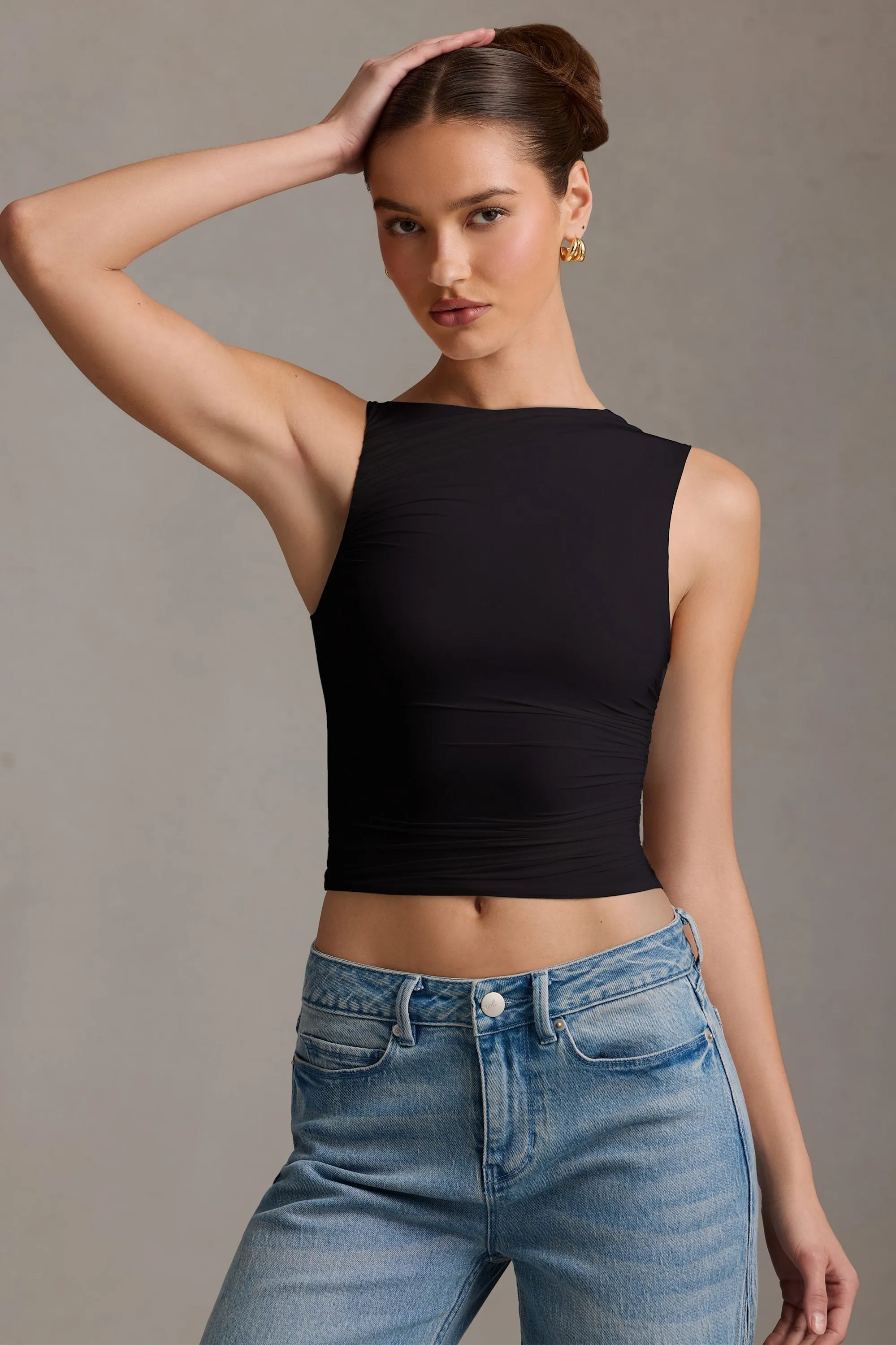 Asymmetric Ruched Tank Top in Black