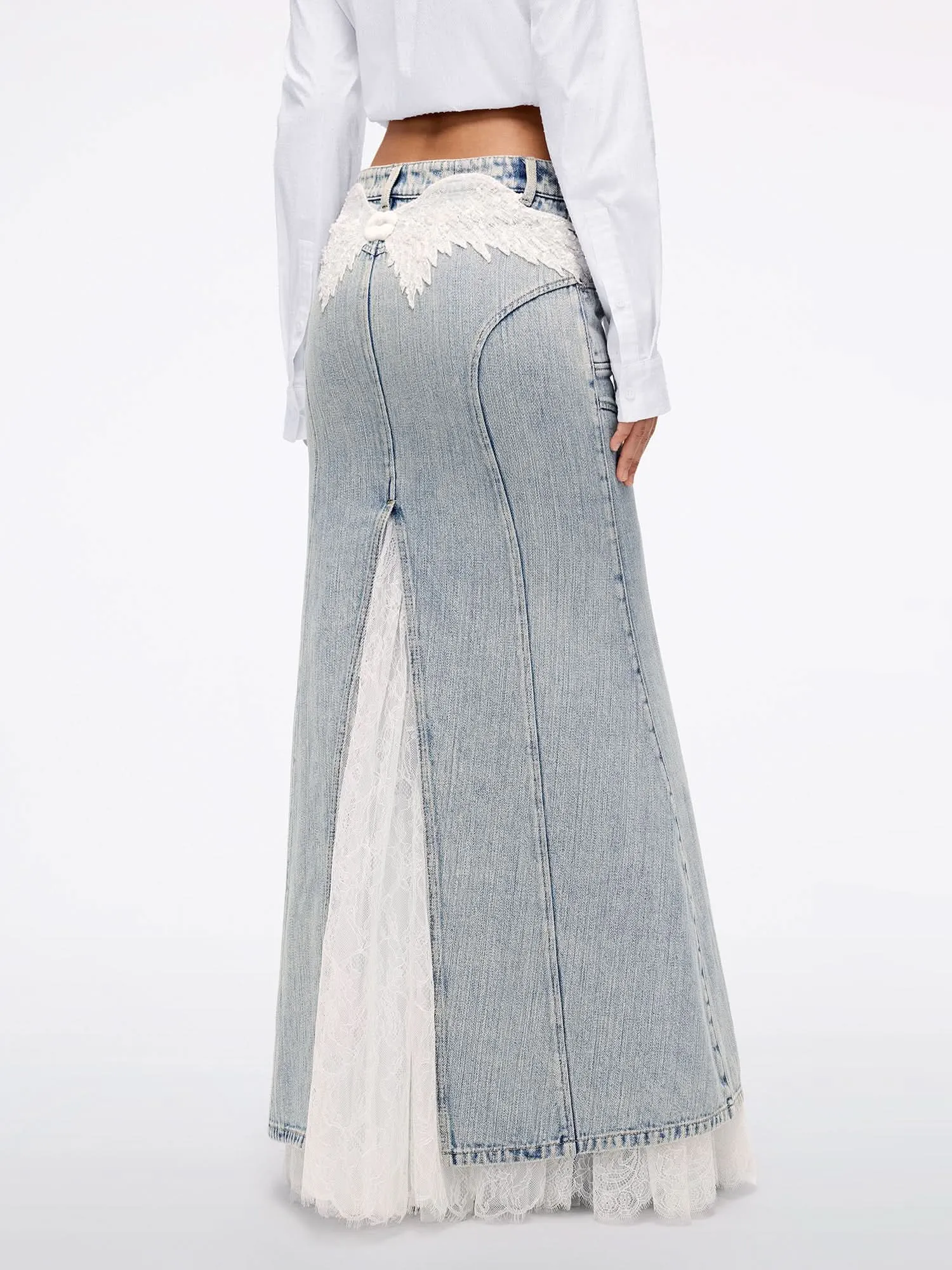 Beaded Lace Denim Maxi Skirt