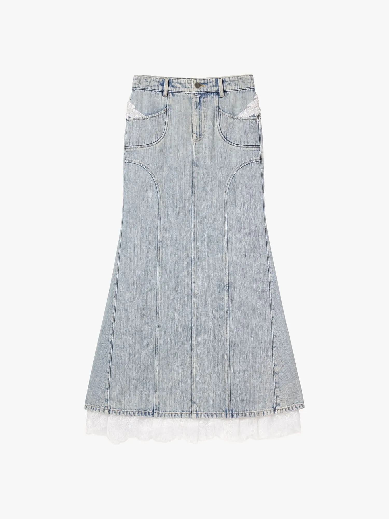 Beaded Lace Denim Maxi Skirt