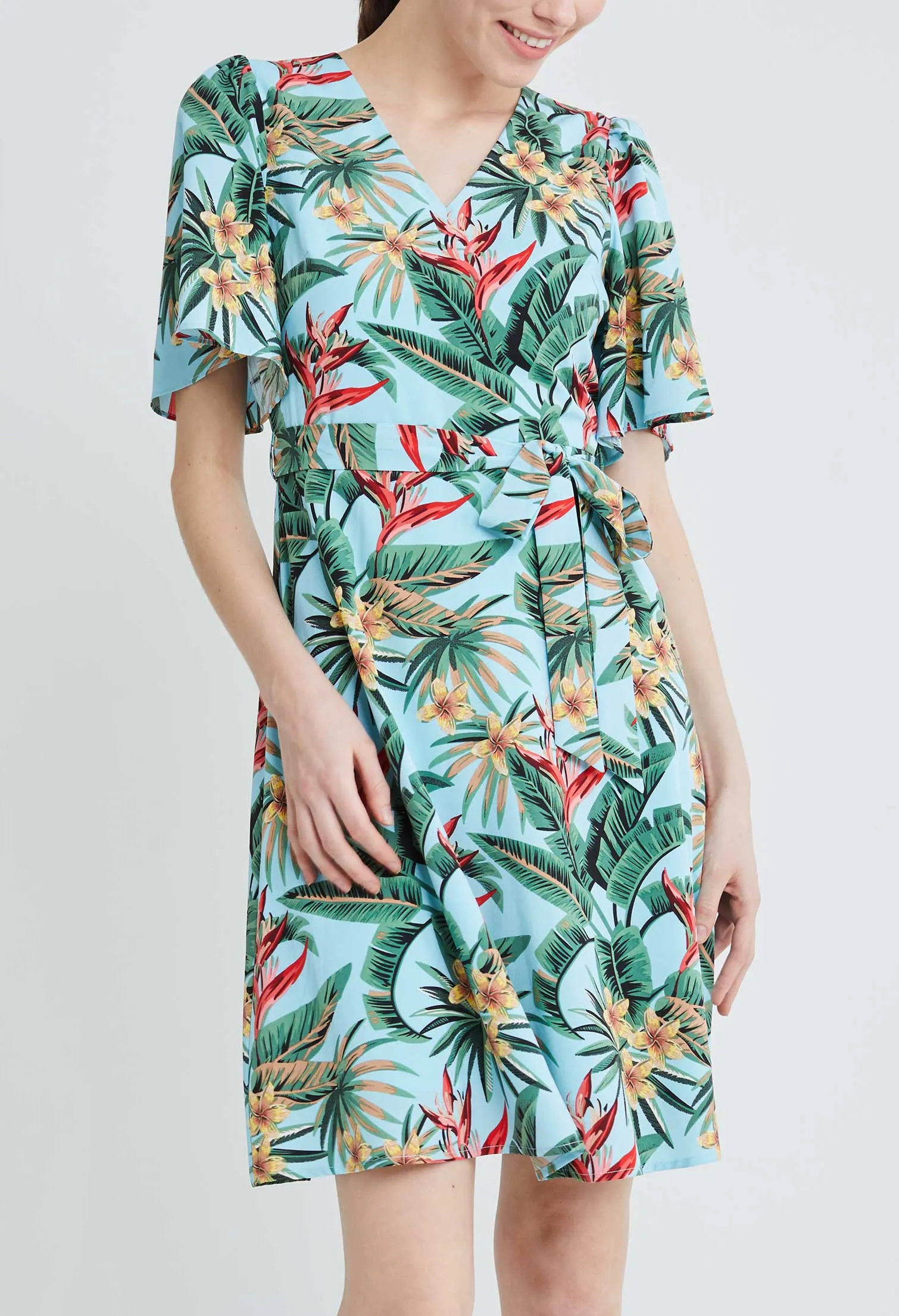 Bell Sleeve Tropical Vacay Wrap Sun Dress