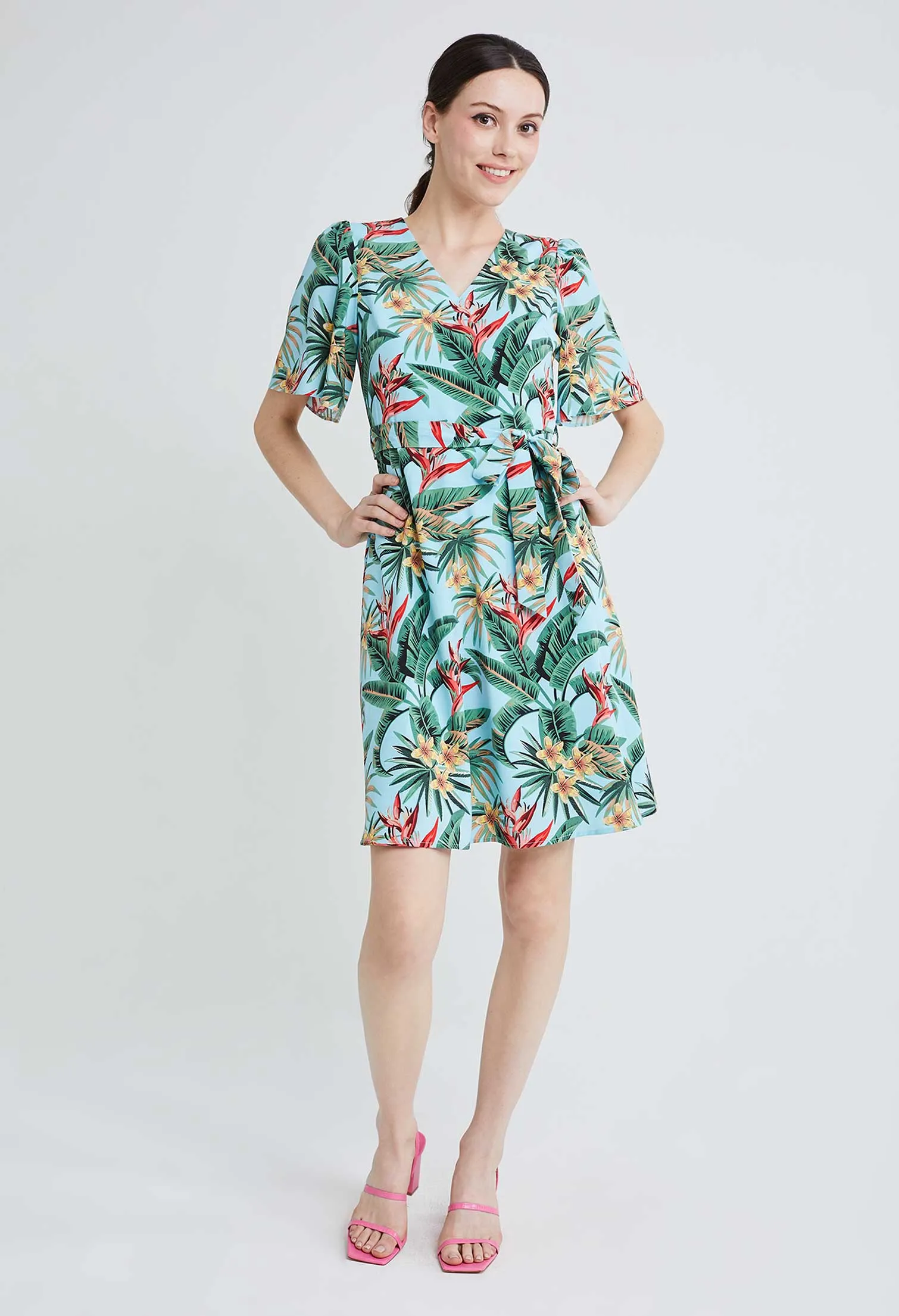Bell Sleeve Tropical Vacay Wrap Sun Dress