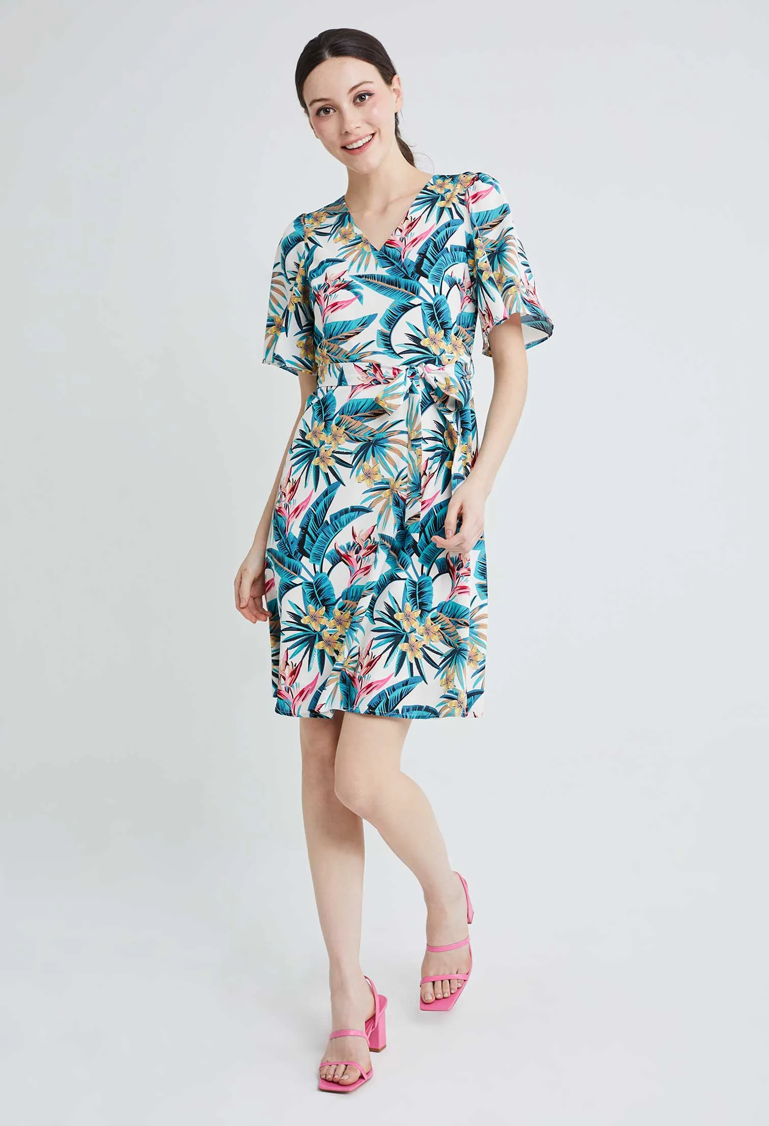 Bell Sleeve Tropical Vacay Wrap Sun Dress