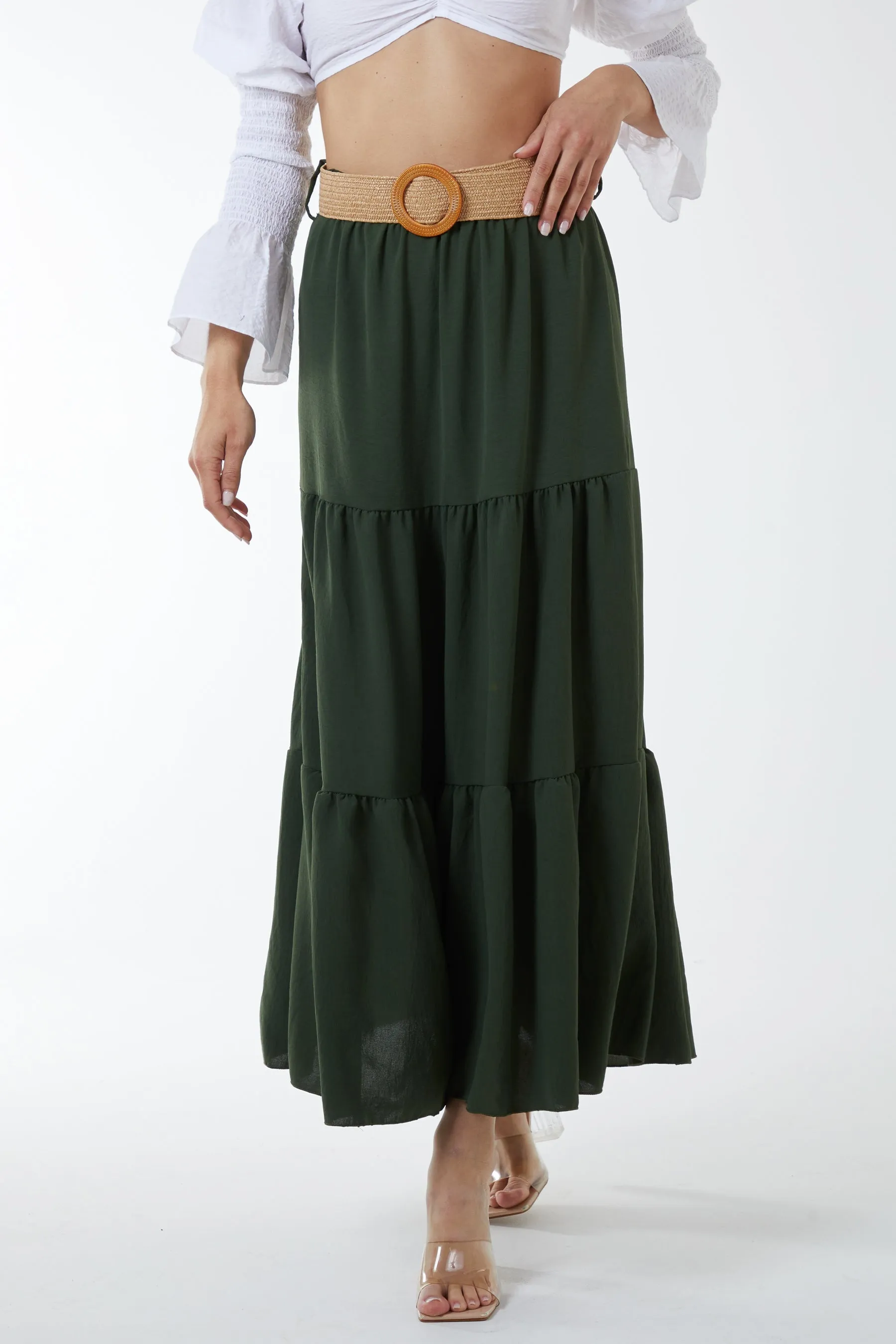 Belted Tiered Maxi Skirt