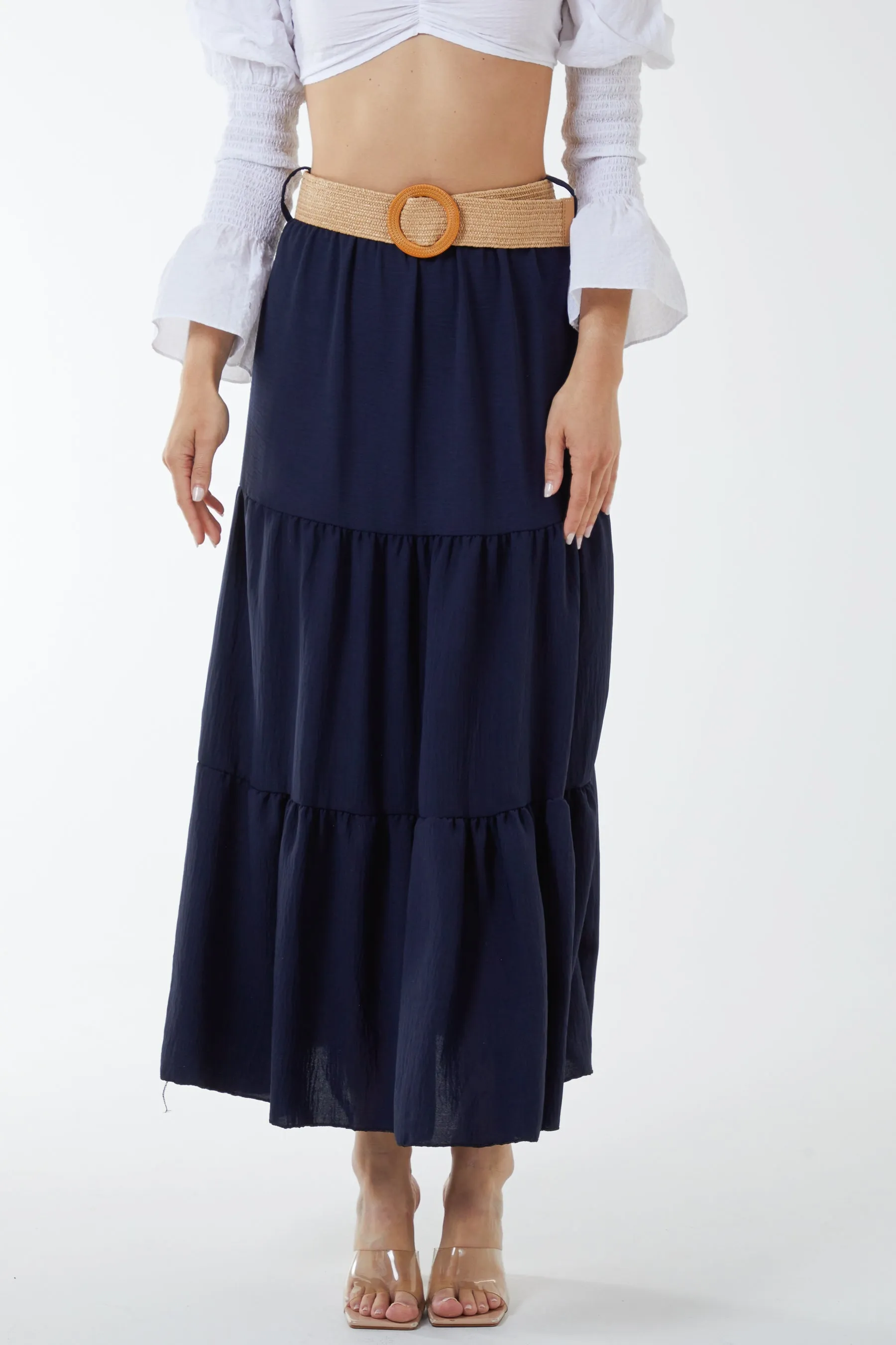 Belted Tiered Maxi Skirt