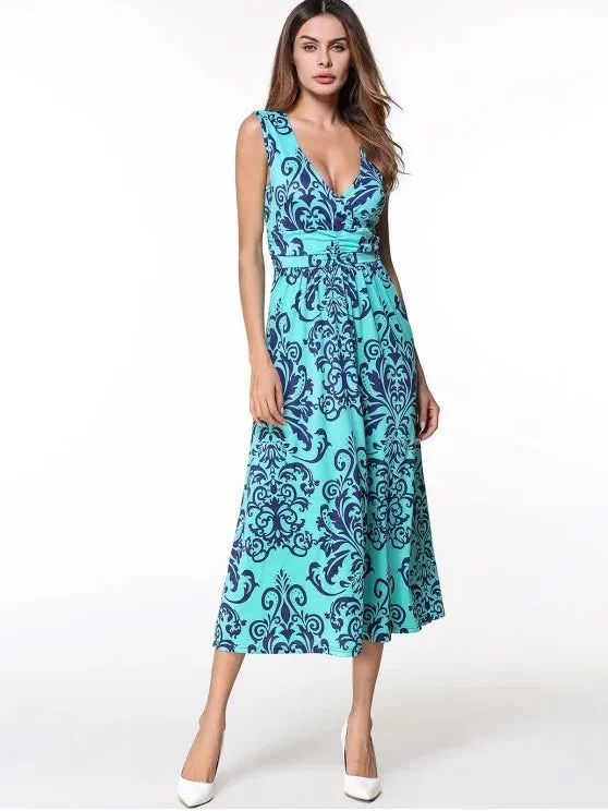 BerryBetty - Chic Printed Long Plunge V Neck Tank Dress
