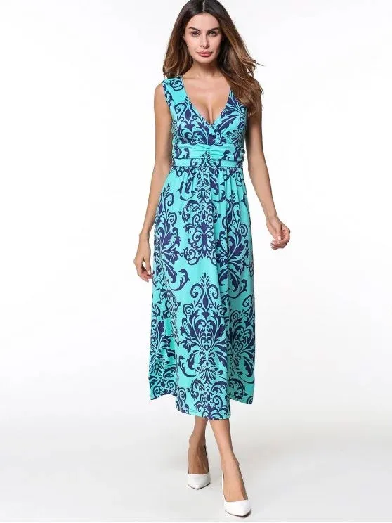 BerryBetty - Chic Printed Long Plunge V Neck Tank Dress