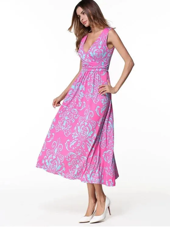 BerryBetty - Chic Printed Long Plunge V Neck Tank Dress
