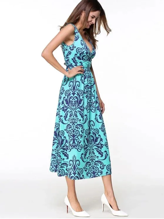 BerryBetty - Chic Printed Long Plunge V Neck Tank Dress