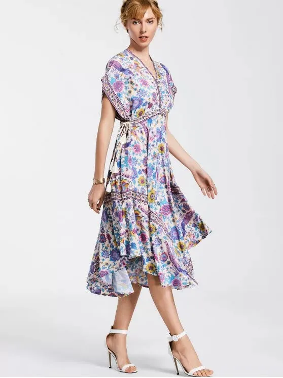 BerryBetty - Fun Empire Waist Batwing Floral Midi Dress