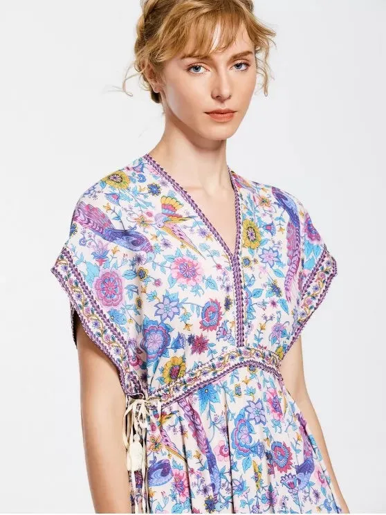 BerryBetty - Fun Empire Waist Batwing Floral Midi Dress