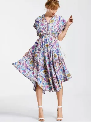 BerryBetty - Fun Empire Waist Batwing Floral Midi Dress