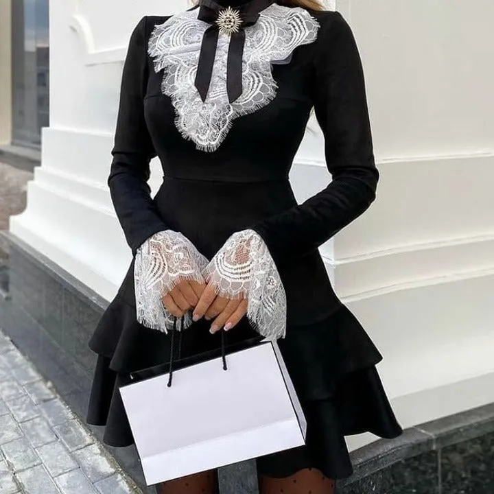 BerryBetty - Women Eyelash Lace Bell Sleeve Ruffles Dress Party Dress Elegant Fashion Dress