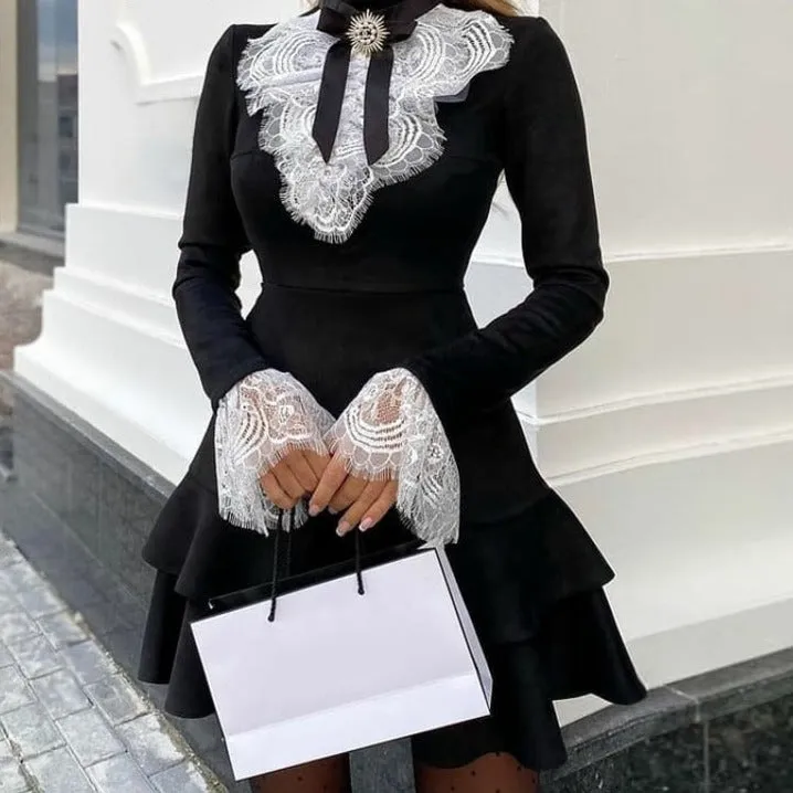 BerryBetty - Women Eyelash Lace Bell Sleeve Ruffles Dress Party Dress Elegant Fashion Dress