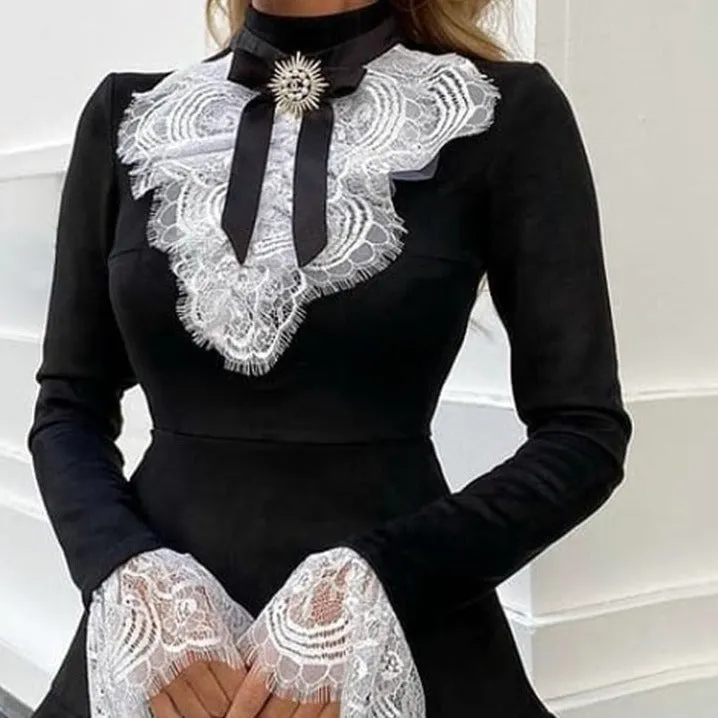BerryBetty - Women Eyelash Lace Bell Sleeve Ruffles Dress Party Dress Elegant Fashion Dress