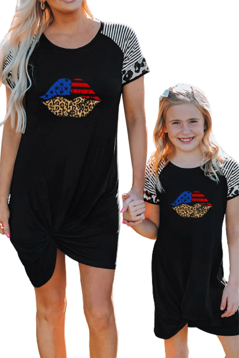 Black American Flag Leopard Lip Print Ruched T Shirt Dress
