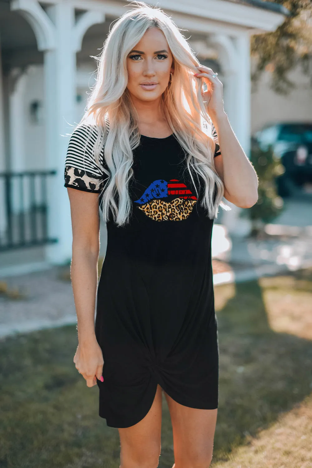 Black American Flag Leopard Lip Print Ruched T Shirt Dress