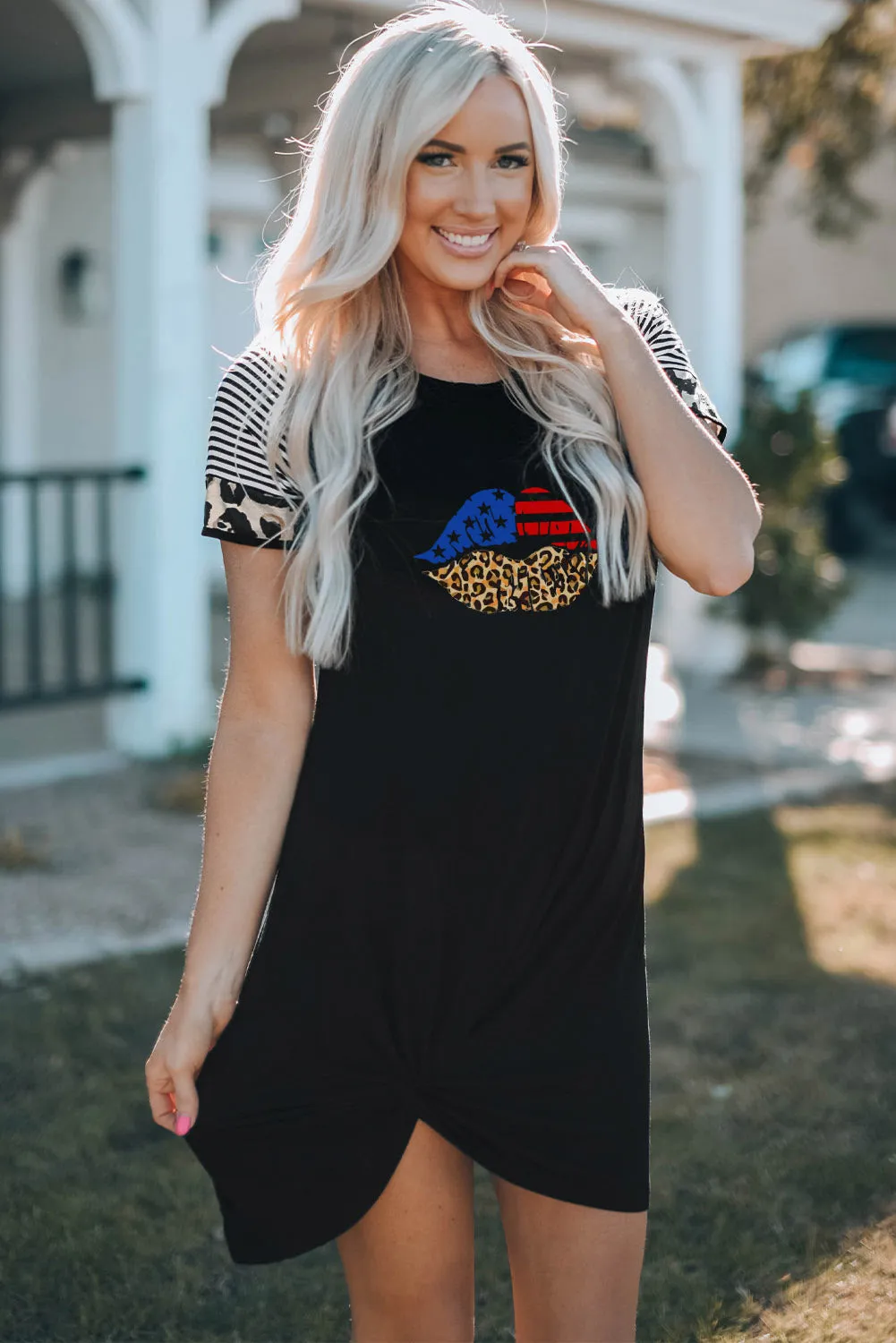 Black American Flag Leopard Lip Print Ruched T Shirt Dress