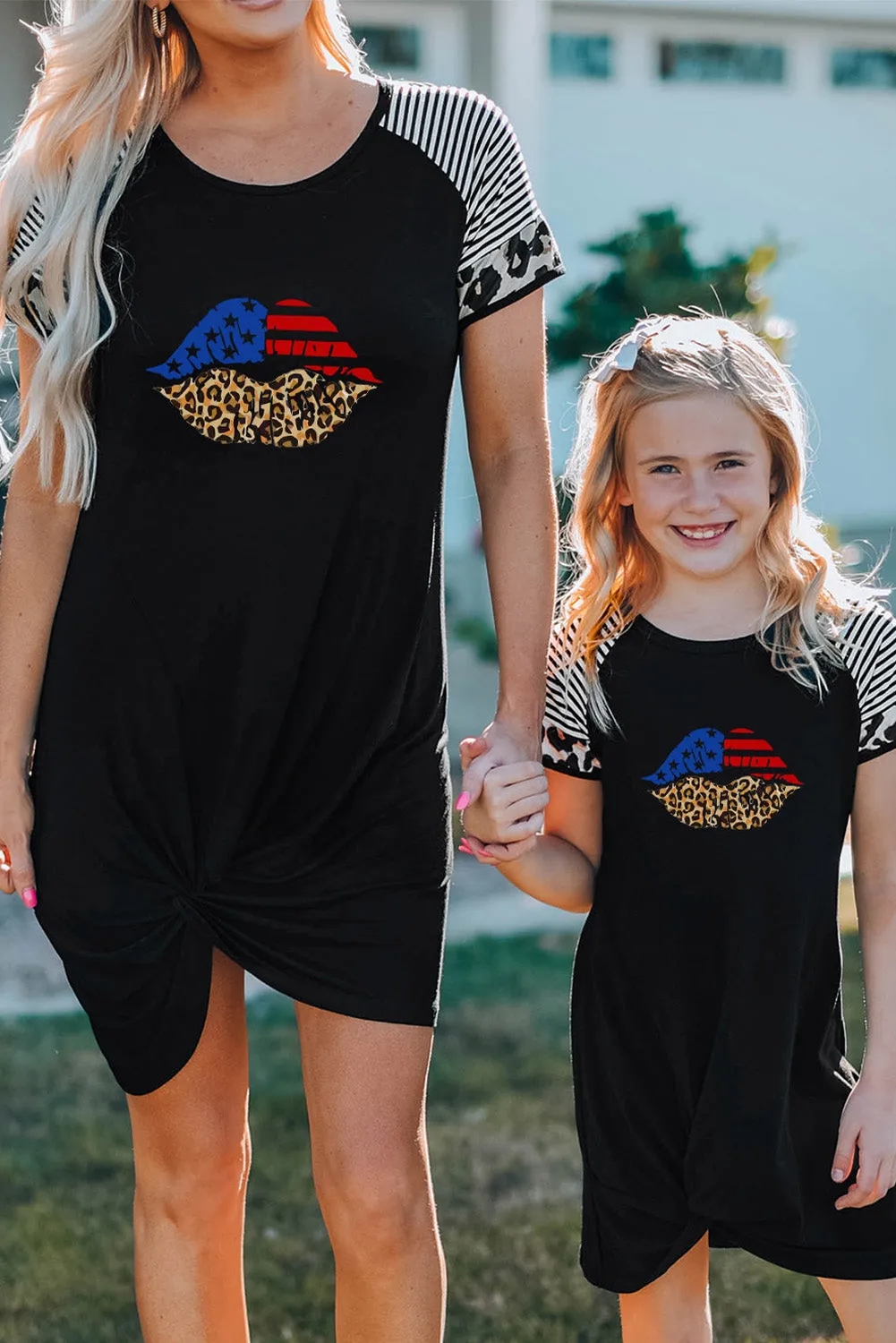 Black American Flag Leopard Lip Print Ruched T Shirt Dress
