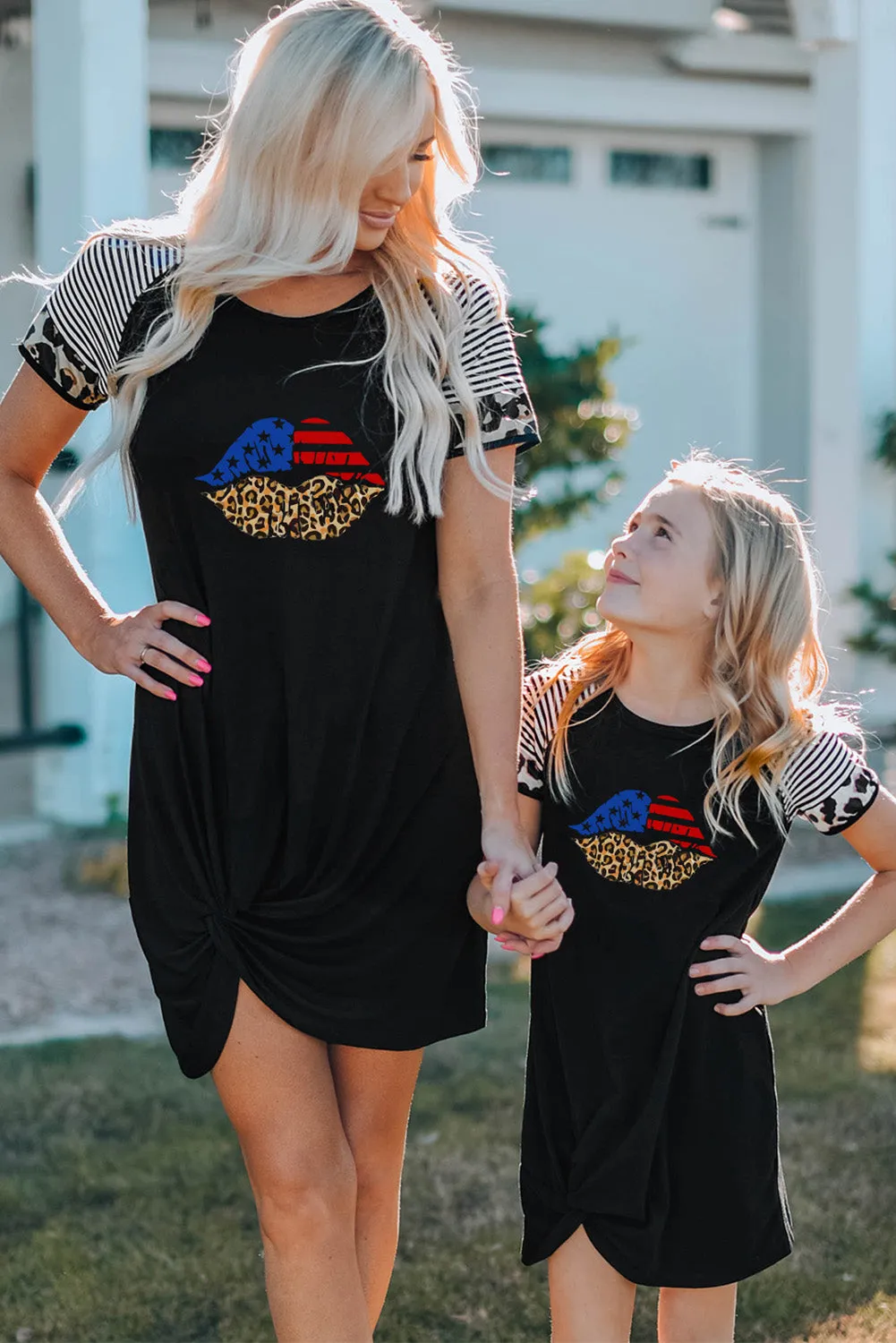 Black American Flag Leopard Lip Print Ruched T Shirt Dress
