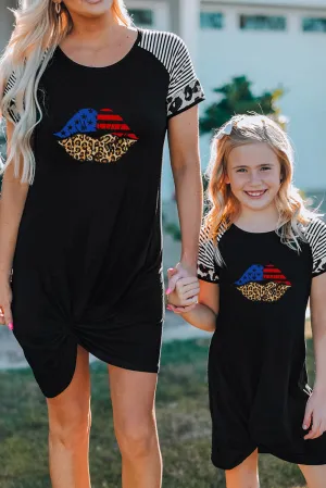 Black American Flag Leopard Lip Print Ruched T Shirt Dress