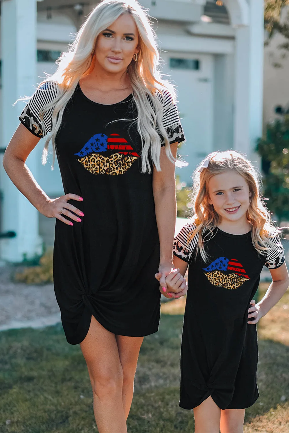 Black American Flag Leopard Lip Print Ruched T Shirt Dress