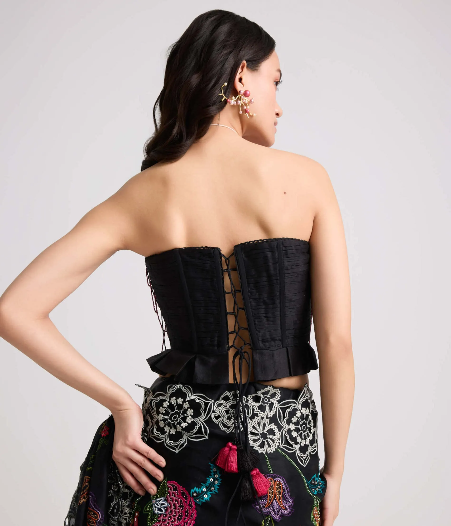 Black beadwork ruched corset