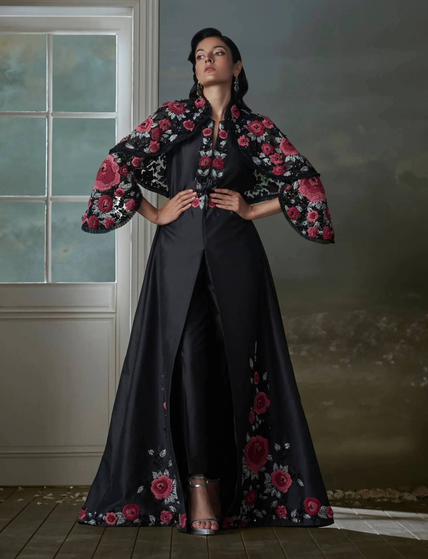 Black embroidered long dress and jacket set