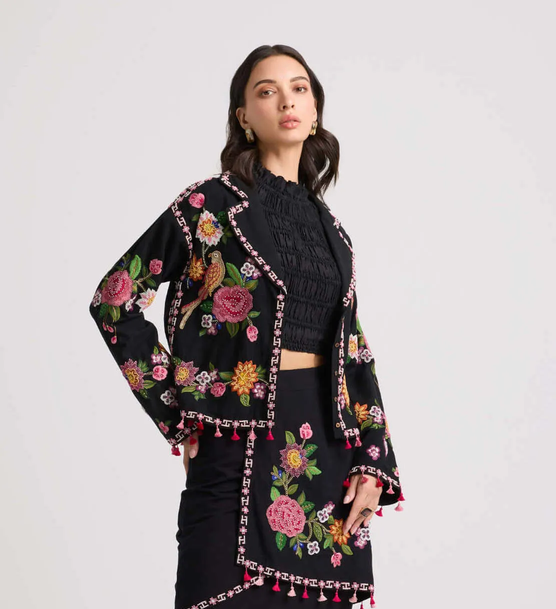Black floral threadwork short jacket