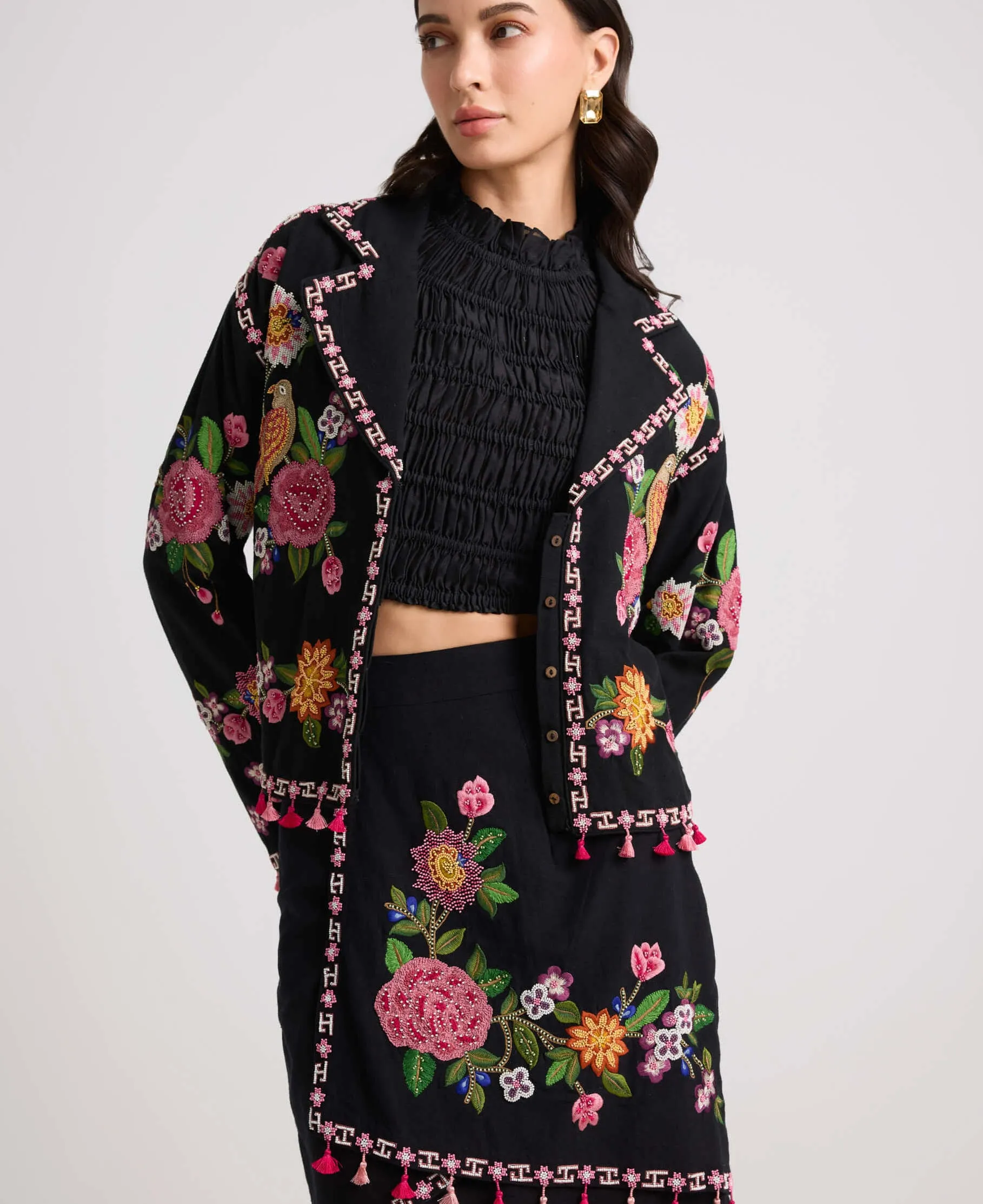 Black floral threadwork short jacket