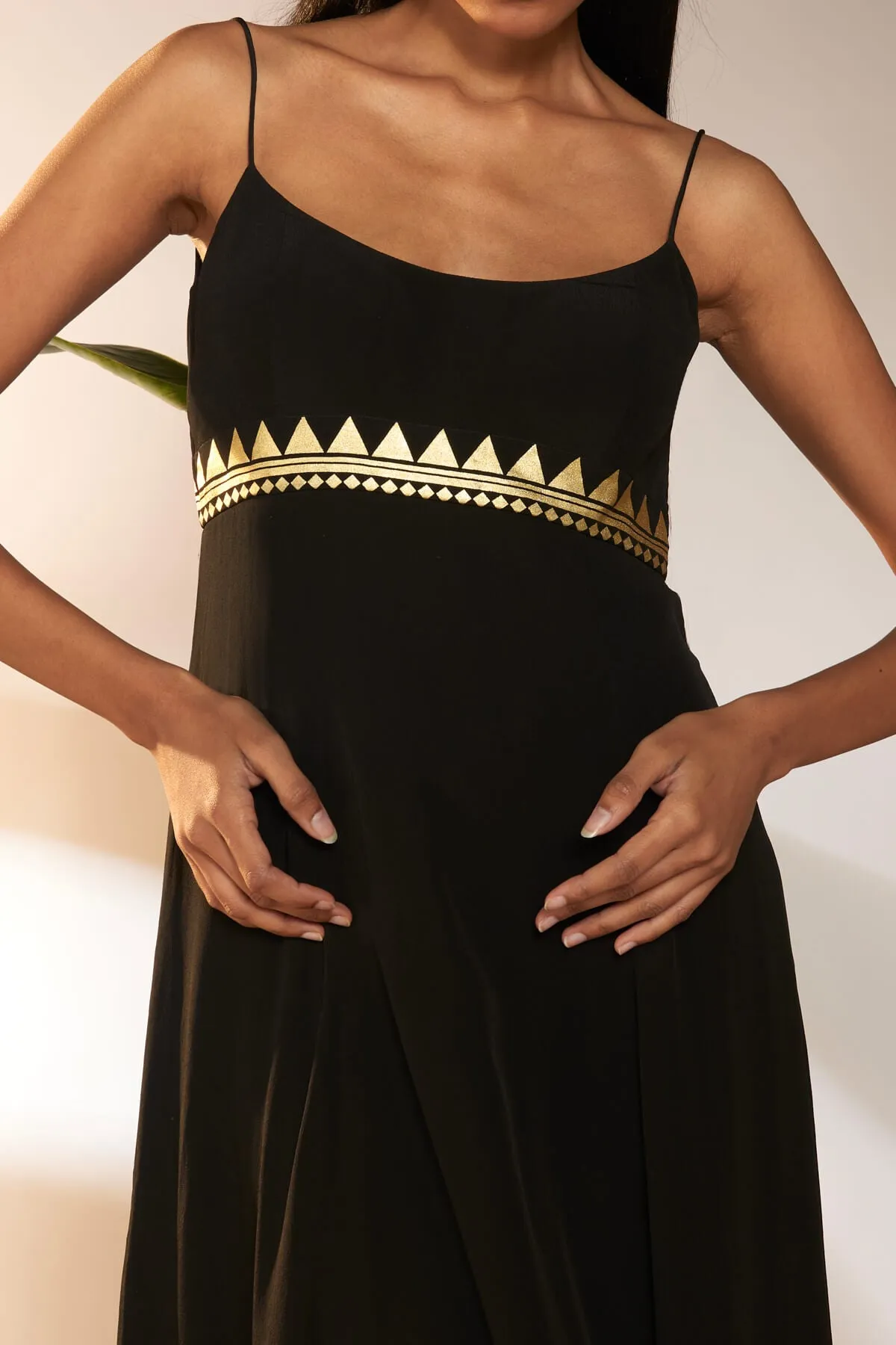 Black foil backless dress