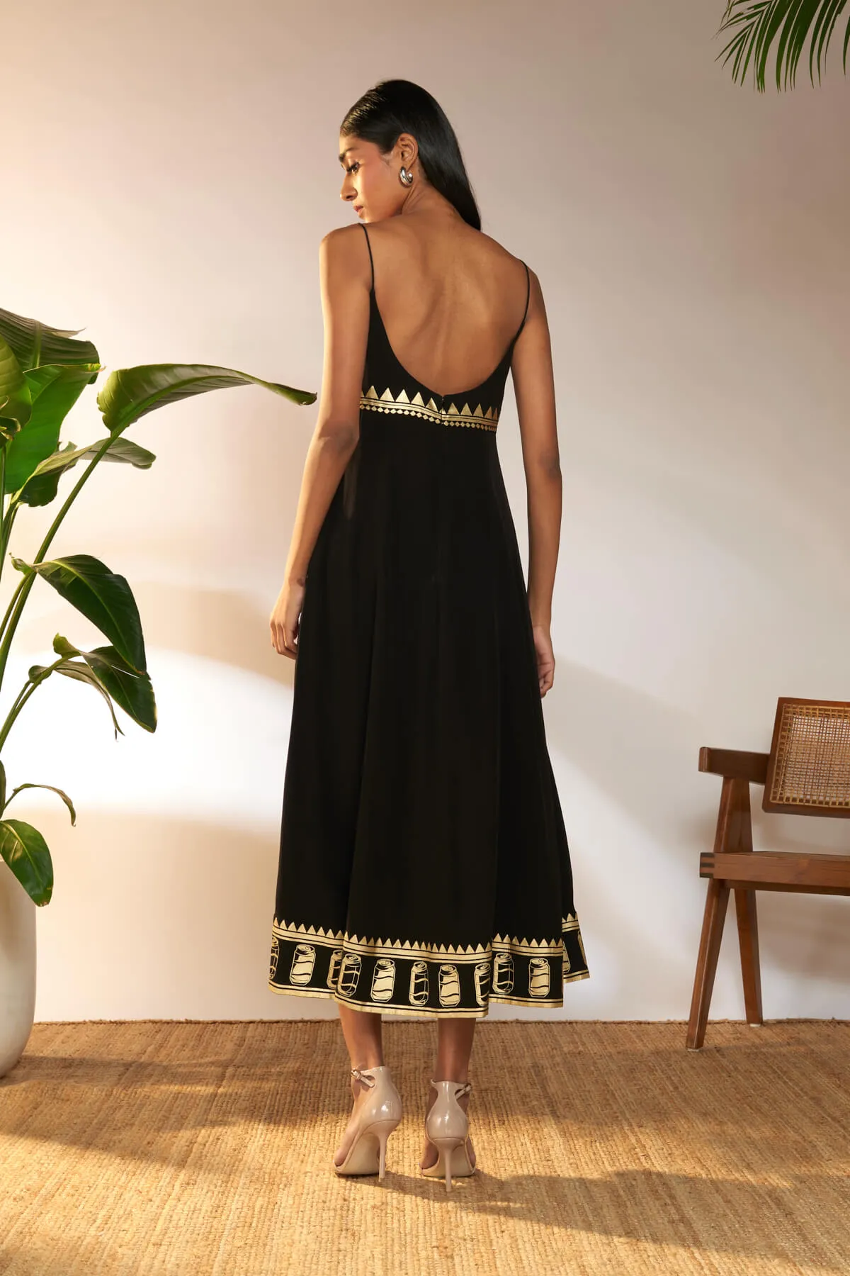 Black foil backless dress