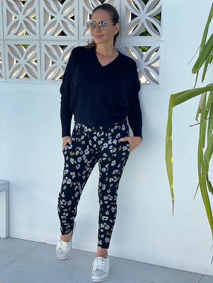 Black Leopard Drop Crotch Jogger