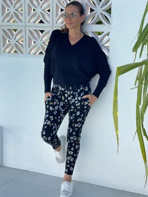 Black Leopard Drop Crotch Jogger