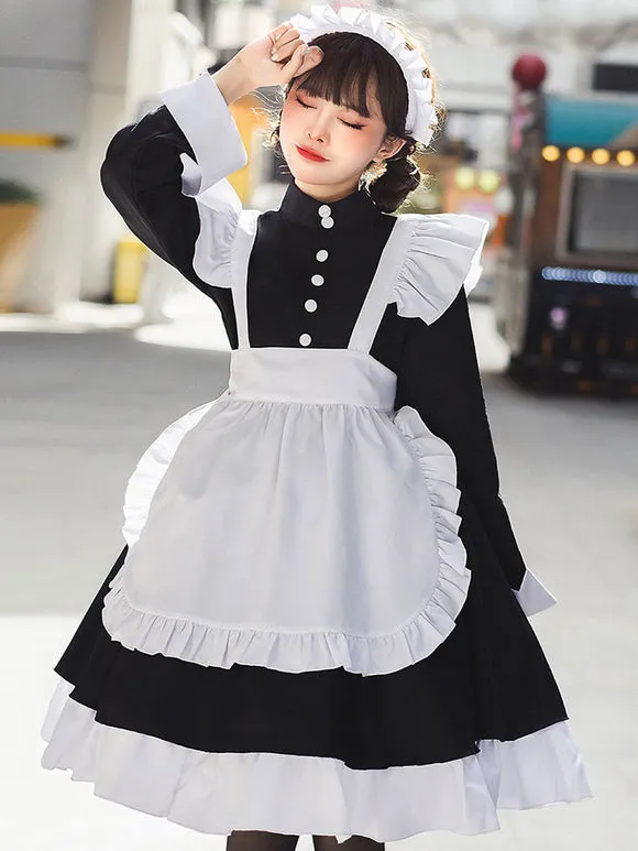 Black Maid Lolita Dresses Ruffles White Apron Lolita Dress