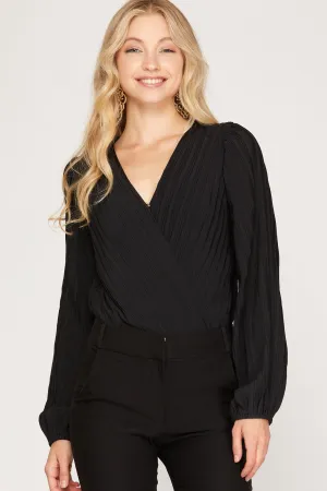 Black Pleated Surplice Snap Closure Bodysuit