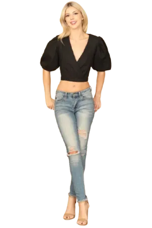 Black Puff Sleeves Surplice Backless Crop Top - Pack of 5