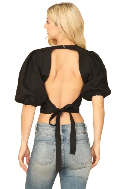 Black Puff Sleeves Surplice Backless Crop Top - Pack of 5