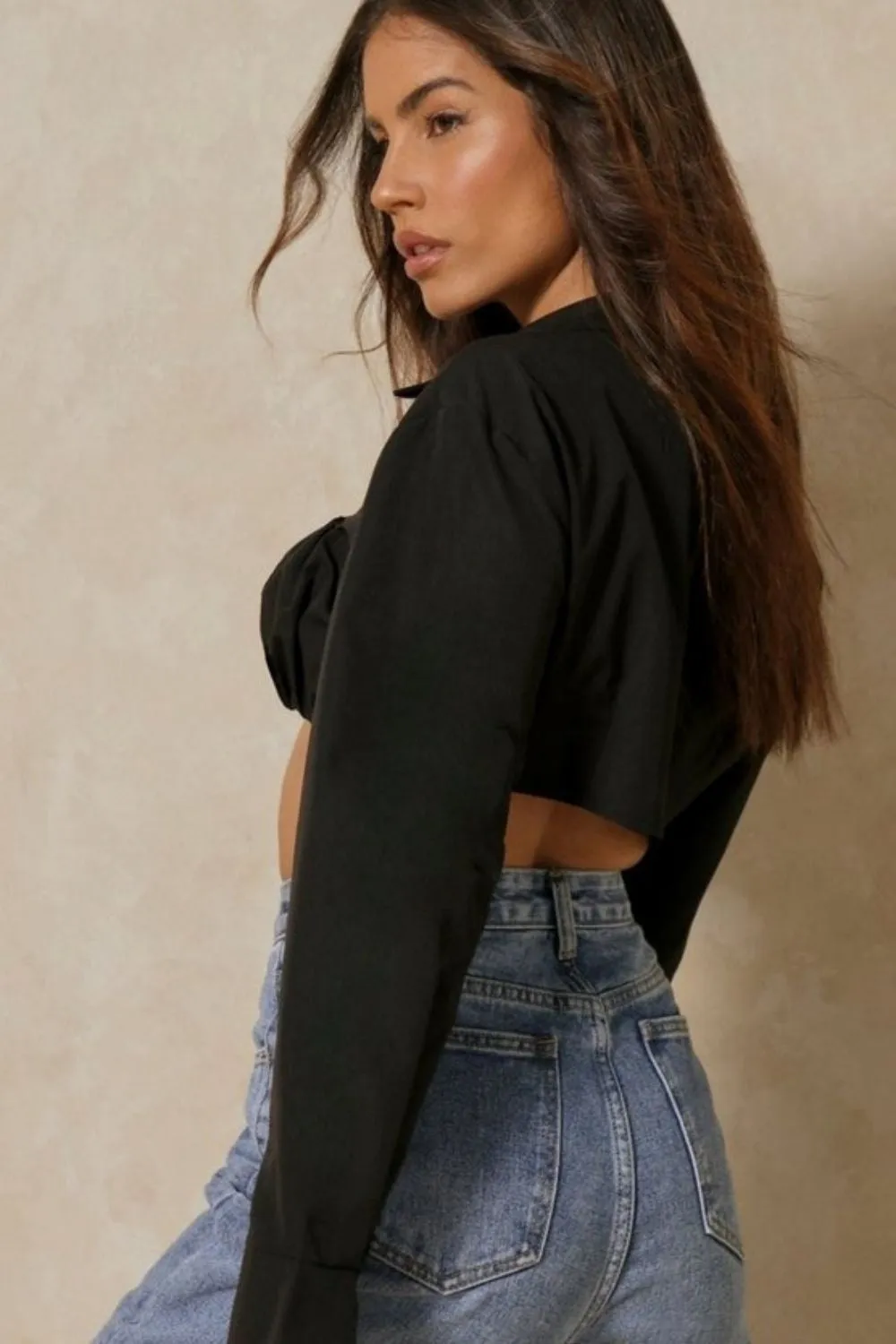 Black Ruched Collar Top